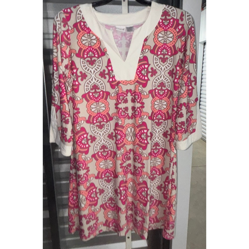 All For Color Pink Orange Medallion V-Neck 3/4 Sleeve Tunic Dress Large